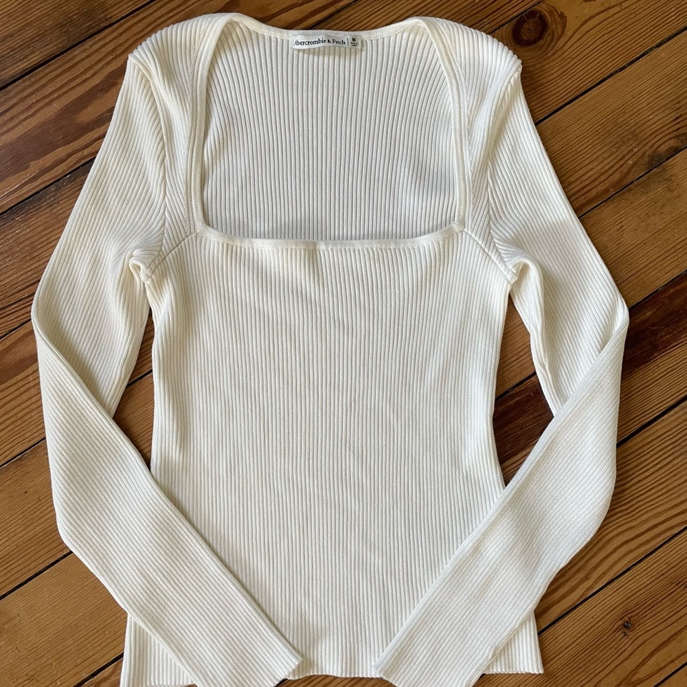 Abercrombie & Fitch Ivory Ribbed Square-Neck Long Sleeve Top